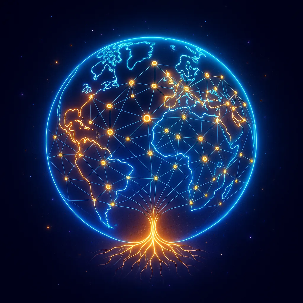 Glowing globe with a network of golden nodes connected across continents, growing from luminous roots