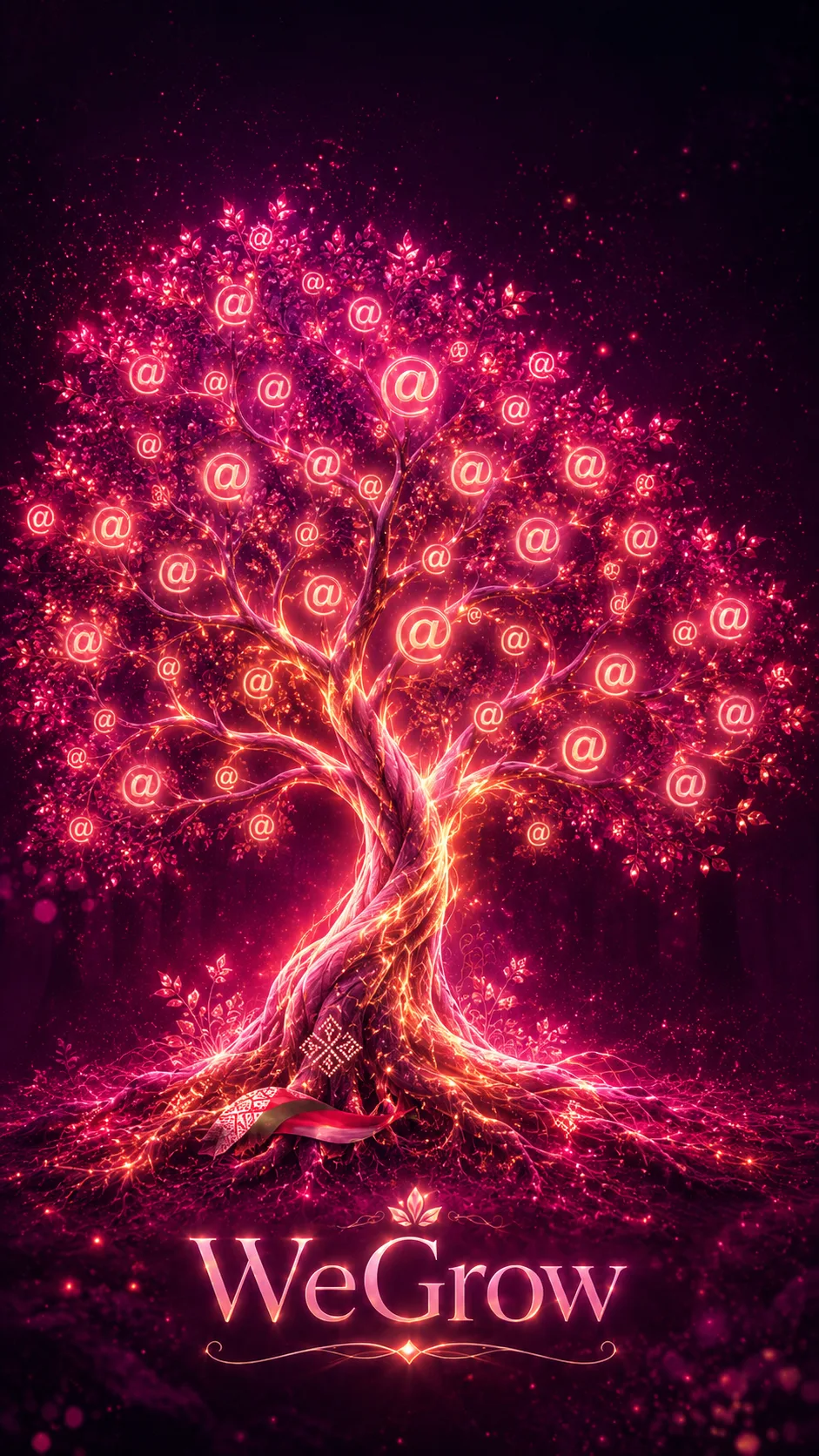 Pink tree of @ symbols with glowing WeGrow lettering